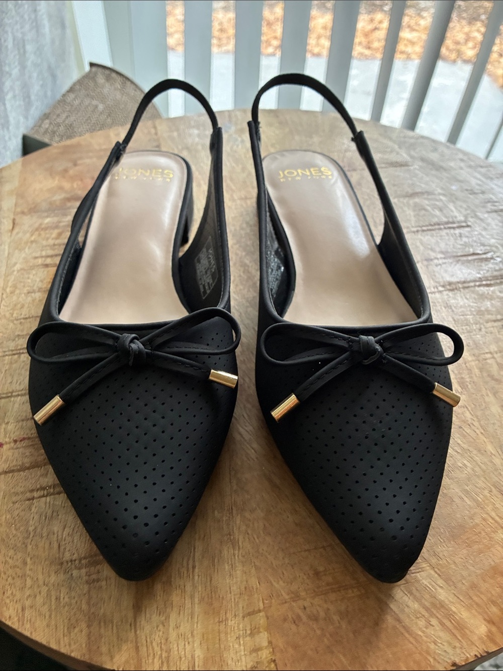 Brand New! Jones New York Black Perforated Pointed-Toe Slingback Flats with Bow